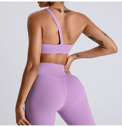 Oblique One-shoulder Yoga Clothes Suit Women's Front Pleated Peach Yoga Pants